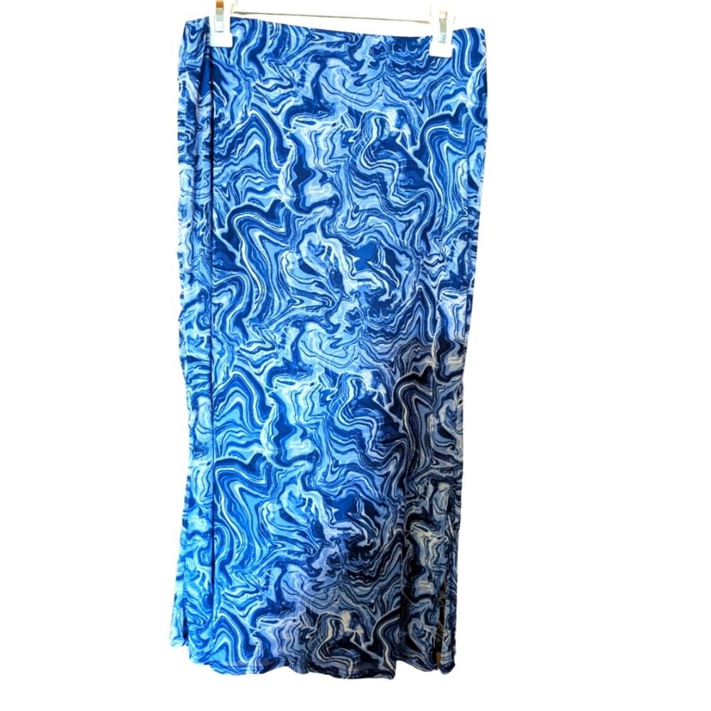Thyme+Honey blue & white abstract Maxi Skirt with elastic waist & 11" slit.